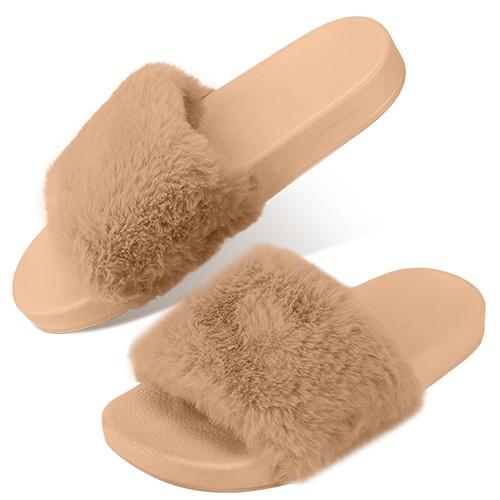 Women Faux Fur Slippers Open Toe Indoor Outdoor Flat Slide Sandals Anti-skid Lady House Shoes image
