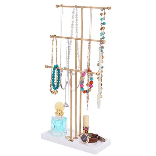 3 Tier Gold Metal Tabletop Jewelry Display Tree Stand Organizer Holder Rack Hanger Tower for Bracelet Necklace Accessories with Ring Tray image