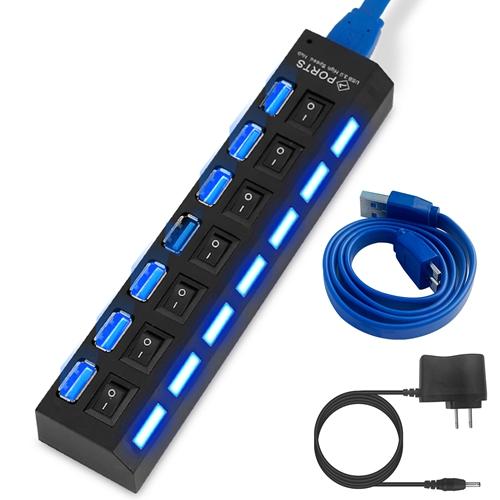 7-Port USB 3.0 Hub High Speed Multiport Data USB Hub with Individual Power Switches LEDs Power Adapter Fit for Laptop PC MacBook image