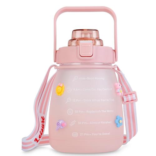 Kawaii Water Bottle with Straw 37.2oz Large Capacity Portable Sports Bottle with Cute Three-Dimensional Stickers image
