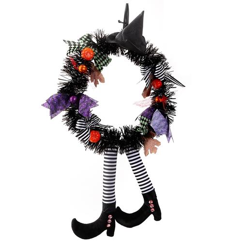 Halloween Witch Wreath Pumpkin Door Decorations Artificial Party Hanging Handmade Wreath Garland with Hat Legs for Front Door Indoor Wall Decoration image