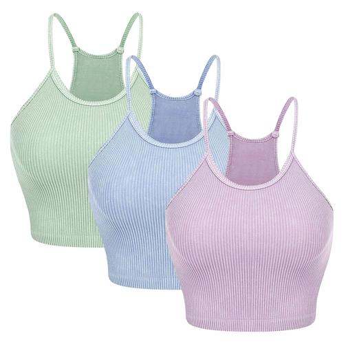 3 Pack Women Crop Basic Tank Top Ribbed Knit Sleeveless Round Neck 9 Color Machine Wash Summer Crop S to XL image
