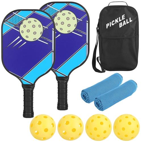 Pickleball Set 2 Fiberglass Paddles 4 Outdoor Indoor Balls Portable Carry Bag 2 Cooling Towel Lightweight Ergonomic Grip for Beginners Pros image