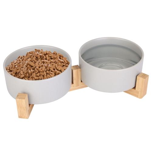 Double 28.7Oz Ceramic Pet Bowls Dog Cat Bowls with Wooden Stand Raised Pet Feeder for Small Dogs Cats image