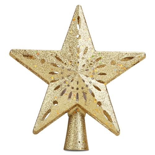 Christmas Tree Topper Star with Projector Light White Revolving White Snowflake Pattern LED Treetop Hollow Golden Glitter Star For Christmas Tree Deco image