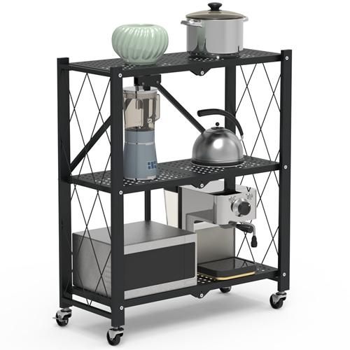 3-Tier Foldable Storage Shelf With Lockable Wheels No Assembly Rolling Utility Shelf Heavy Duty Collapsible Organizer Rack For Kitchen Living Room Bas image