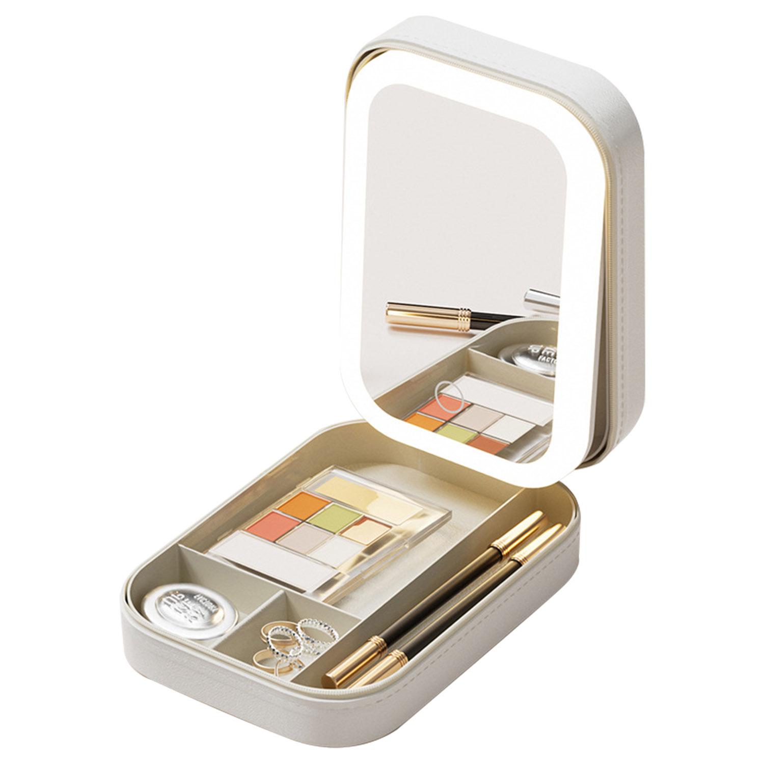 Portable Travel Makeup Bag With LED Mirror Rechargeable Beauty Mirror With 3 Color Light Dimmable Brightness Waterproof Cosmetic Bag With 4 Compartmen image