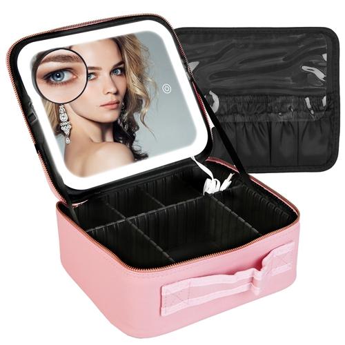 Travel Makeup Bag with LED Mirror Makeup Case Organizer with 3 Light Colors Adjustable Dividers Brush Holder Magnifying Mirror Dimmable USB Rechargeab image