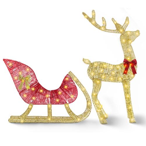 Lighted Christmas Reindeer & Sleigh Indoor Outdoor Christmas Decoration Christmas Lighted Display with 8 Lighting Modes image