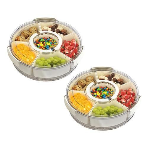 2Pcs Divided Serving Tray with Lid and Handle 360° Rotatable Snack Box Container with 6 Dividers Clear Portable Snack Platters for Fruit Candy Nut Sna image