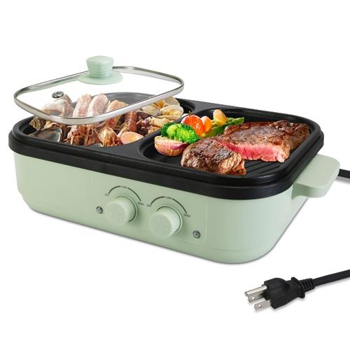Electric Hot Pot with Grill 2-in-1 Hot Pot and Frying Pan Portable Non-Stick Pot and Griddle Electric Cooker Pot with Glass Lid Fast Heating for 1-2 P image