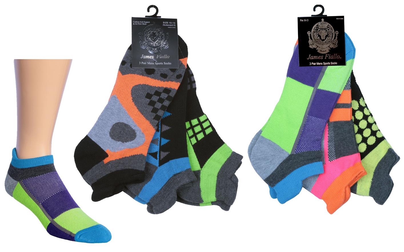 Men's Cushioned Athletic Low Cut Socks w/ Arch Support - Neon Sport Prints - 3-Pair Packs image