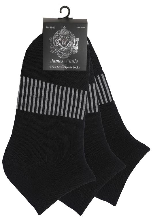 Men's Cushioned Athletic Low Cut Socks w/ Arch Support - Black w/ Stripes - 3-Pair Packs image