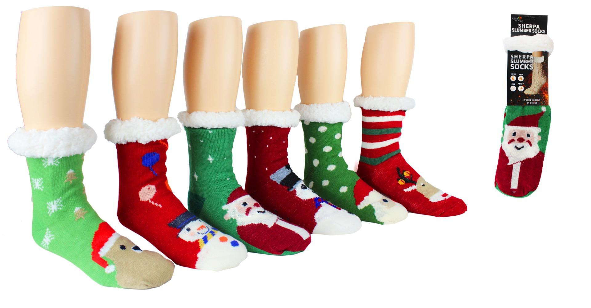 Women's Cozy Knit Sherpa Lined Slipper Socks w/ Non-Skid Grips - Christmas Prints image
