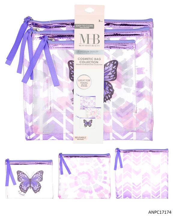 MHB (Must Have Beauty) Premium 3 PC. Cosmetic Bag Sets w/ Butterfly & Tie-Dye Print - Purple image