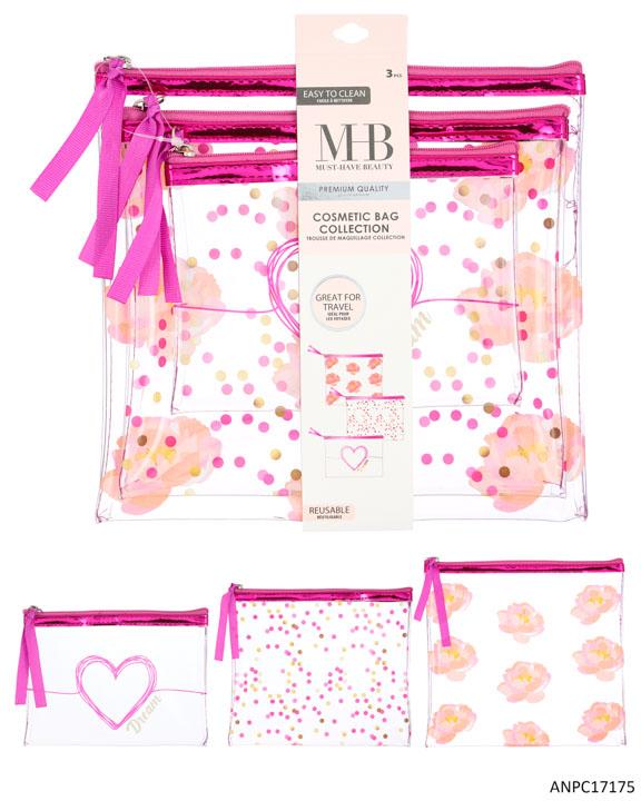 MHB (Must Have Beauty) Premium 3 PC. Cosmetic Bag Sets w/ Polka Dot & Heart Print - Metallic Pink image
