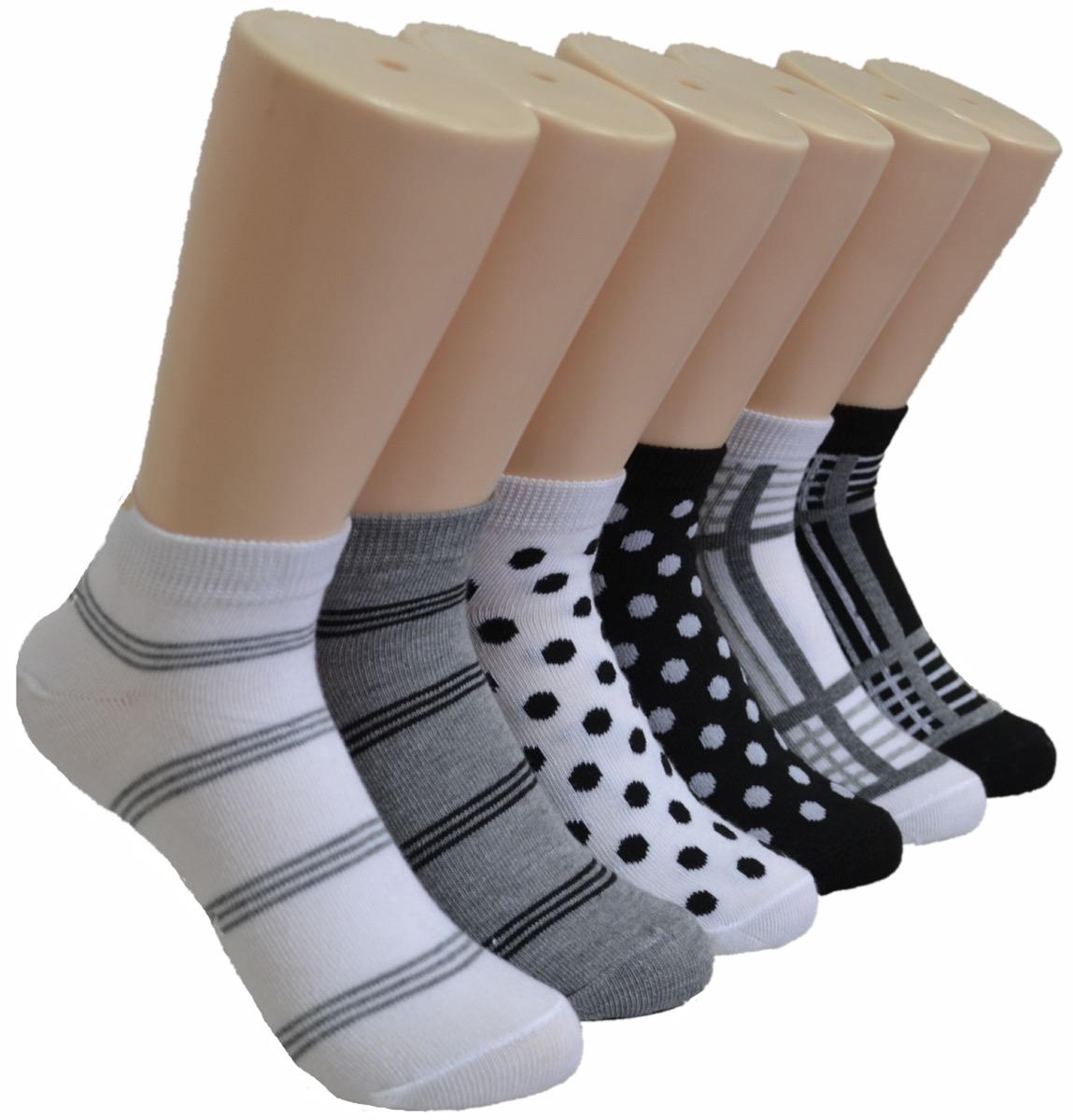 Women's Low Cut Novelty Socks - Black & White Polka Dots & Stripes - Size 9-11 image