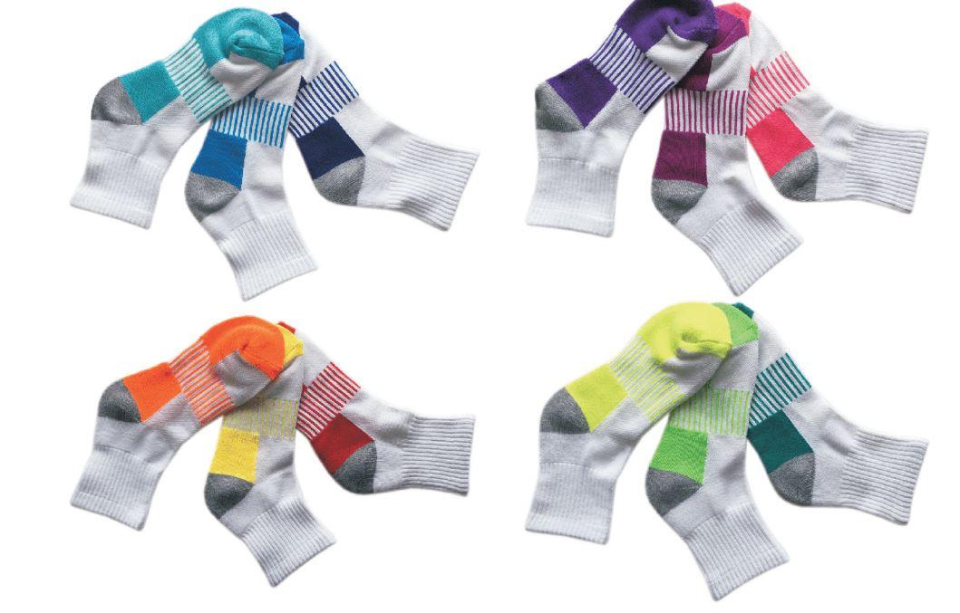 Women's Quarter-Length Cushioned White Ankle Socks w/ Stripes - Two Tone Assorted Colors -  3-Pair Packs