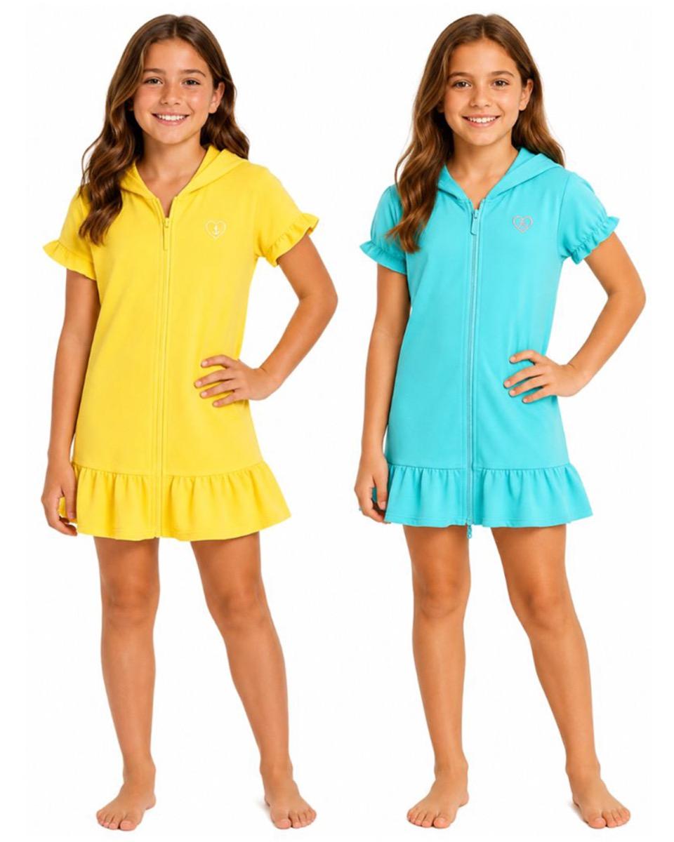 Girl's Short-Sleeve Terry Cloth Zip-Up Hooded Beach Robes - Yellow & Blue - Size 7-16 image