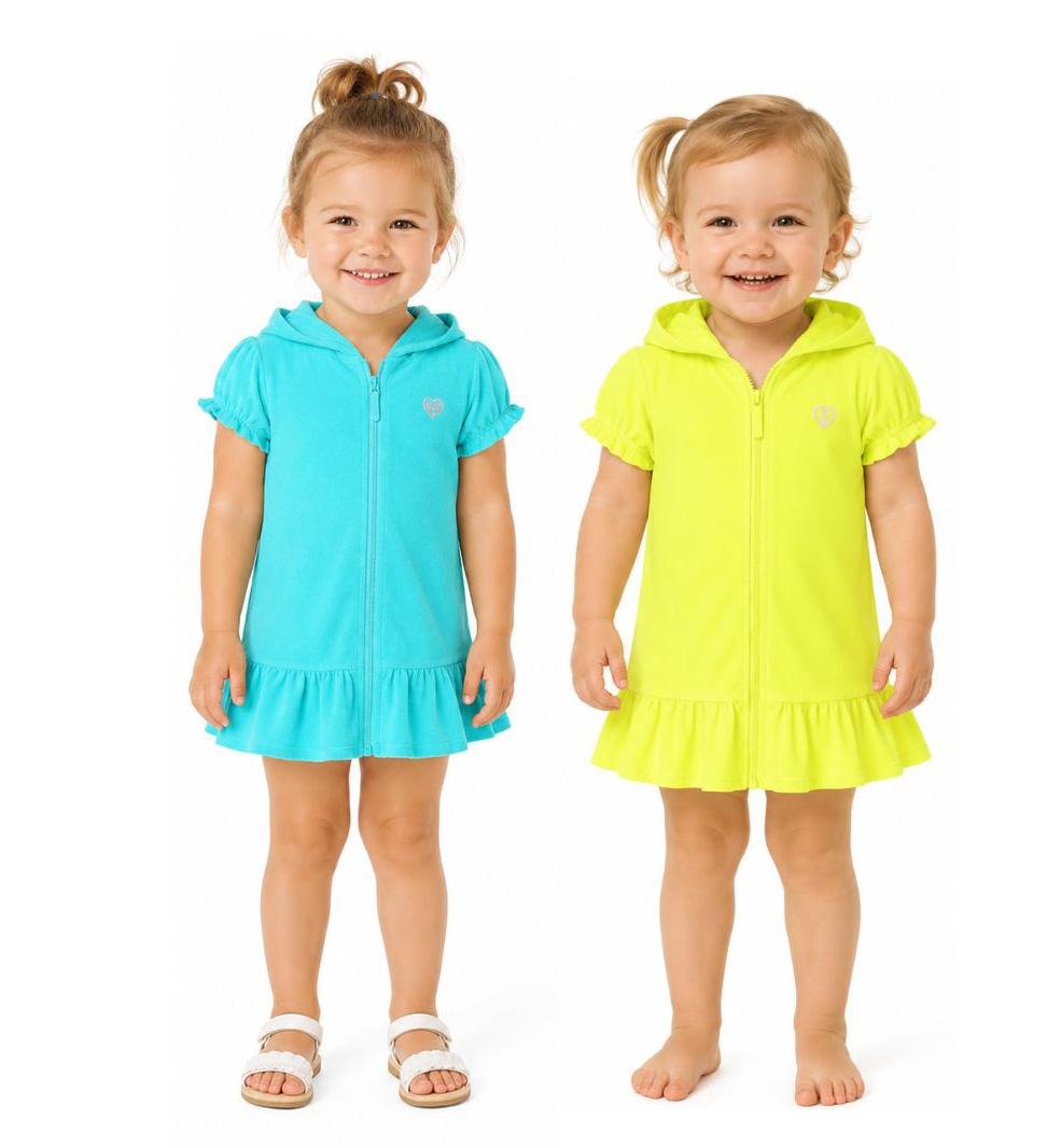 Toddler Girl's Short-Sleeve Terry Cloth Zip-Up Hooded Beach Robes - Blue & Yellow - Size 2T-4T image