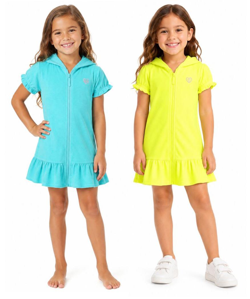 Girl's Short-Sleeve Terry Cloth Zip-Up Hooded Beach Robes - Blue & Yellow - Size 4-6X image