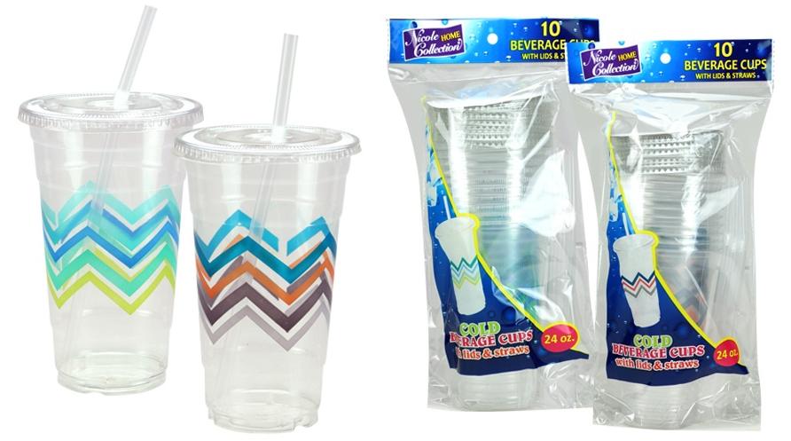 24 oz. Clear Plastic Cups w/ Lids & Straws - Chevron - Nicole Home Collection image
