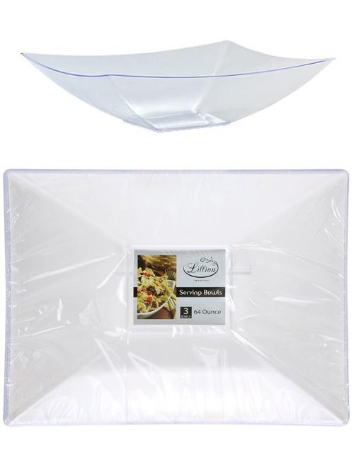 Clear 64 oz. Rectangular Plastic Serving Bowl - 3-Packs - Lillian image
