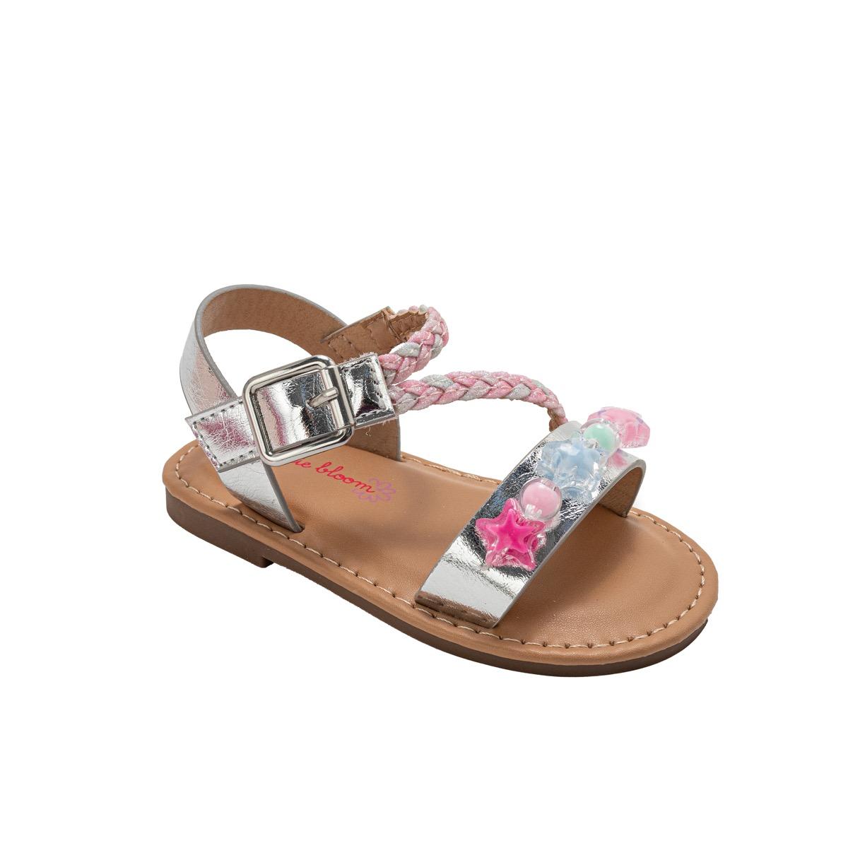 Toddler Girl's Metallic Slide Sandals w/ Embroidered Mermaid Sea Charms & Glitter Braid Straps image