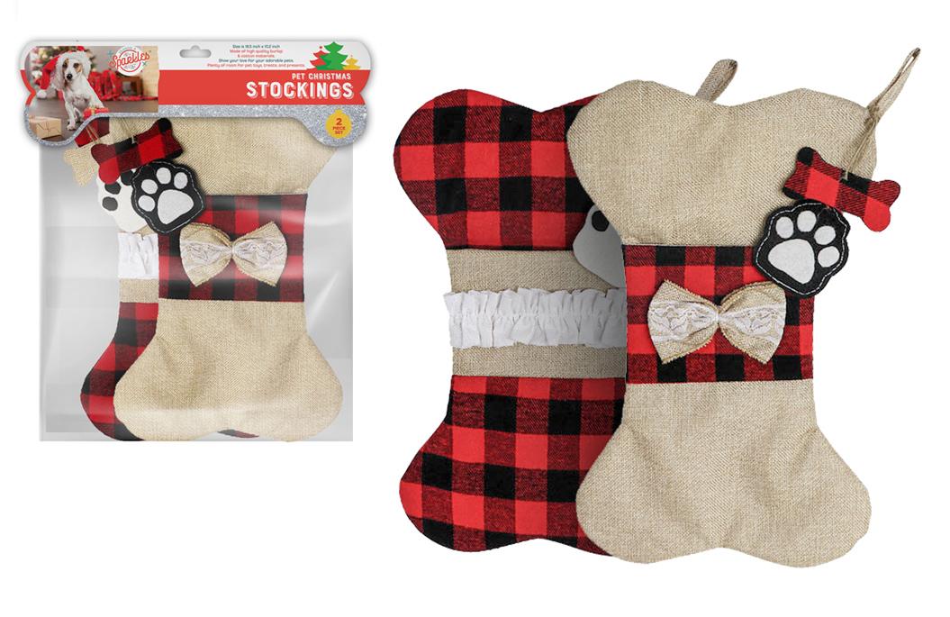 Burlap Bone-Shaped Christmas Stockings w/ Plaid Print & Embroidered Dog Paw - 2-Pack image