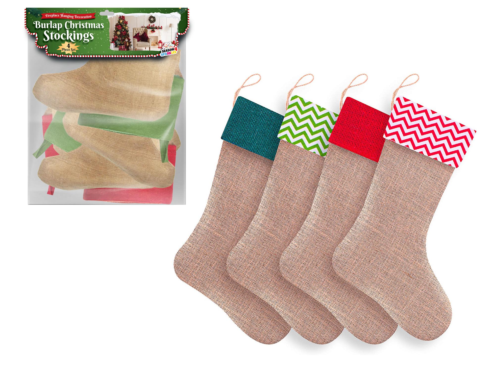 Burlap Christmas Stockings w/ Chevron & Solid Print - 4-Pack image