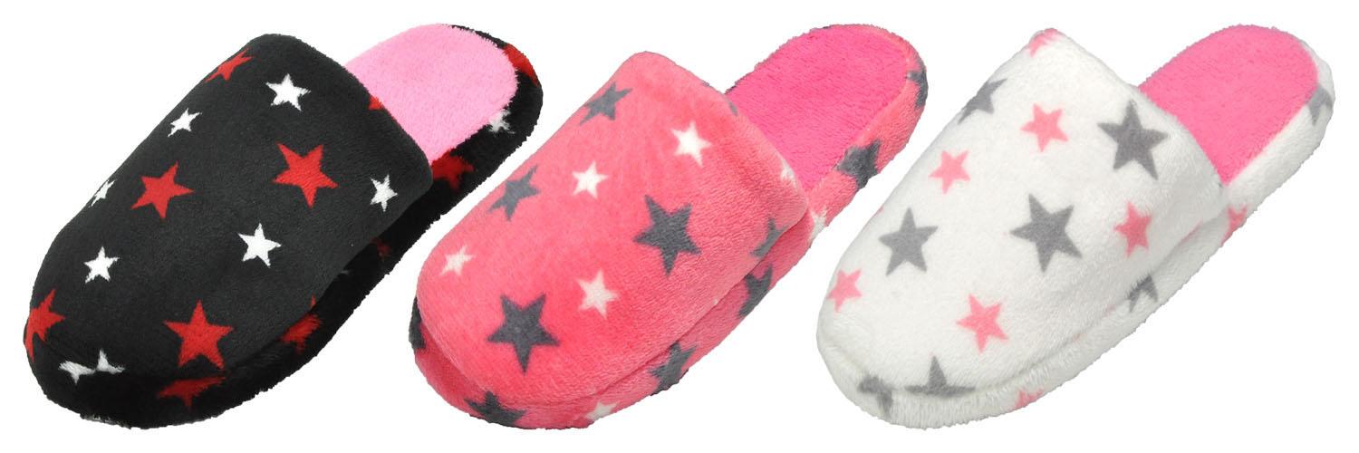 Girl's Terry Cloth Mule Slippers w/ Two Tone Stars & Soft Footbed image