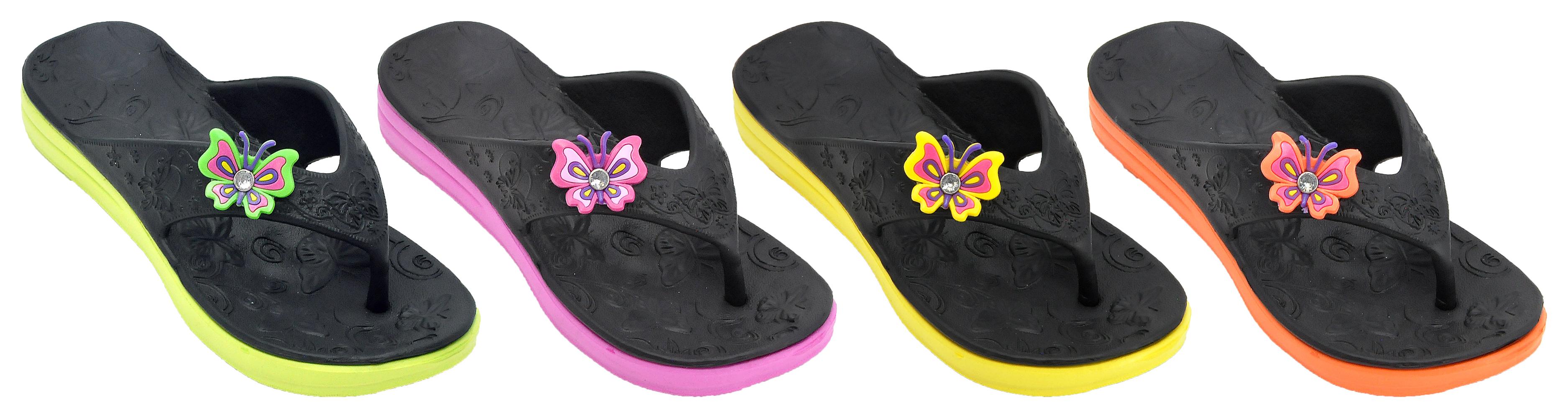 Girl's Sport Thong Sandals - Black w/ Neon Butterfly Adornment & Sole image