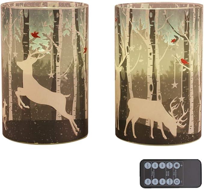 Set of 2 - Green Elk Glass Led Candles - Real Wax - Flameless - Remote - Battery Operated - Timer - Item #7716 image