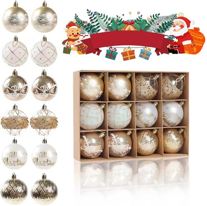 12 Christmas Ornaments Set - 2.36inch - Shatterproof Christmas Tree Decorations - Champaign White - Item #8118 IO7F image