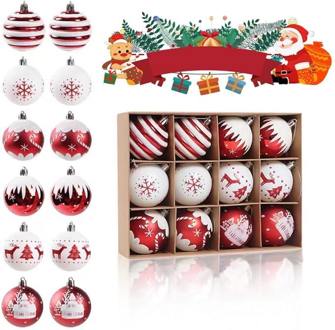 12 Christmas Ornaments Set - 2.36inch - Shatterproof Christmas Tree Decorations - Red/White - Item #8116 7F5R image