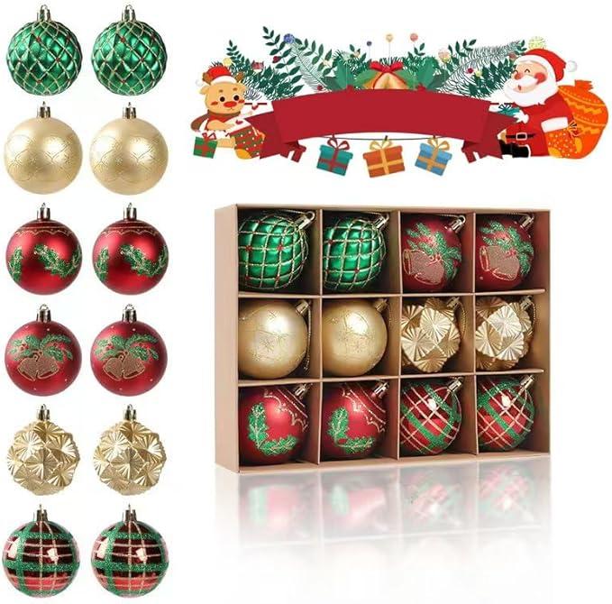 12 Christmas Ornaments Set - 2.36inch - Shatterproof Christmas Tree Decorations - Red/Green/Gold - Item #8117 29E9