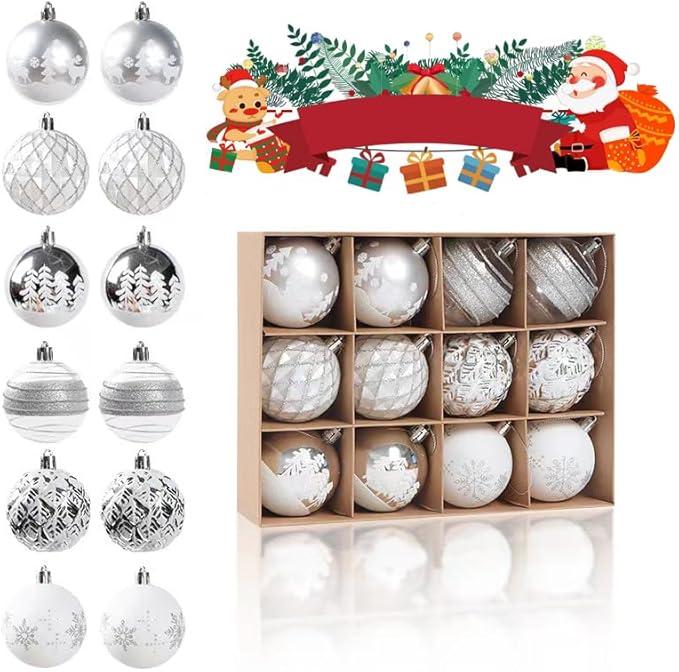 12 Christmas Ornaments Set - 2.36inch - Shatterproof Christmas Tree Decorations - Silver White - Item #8120 IO3T image