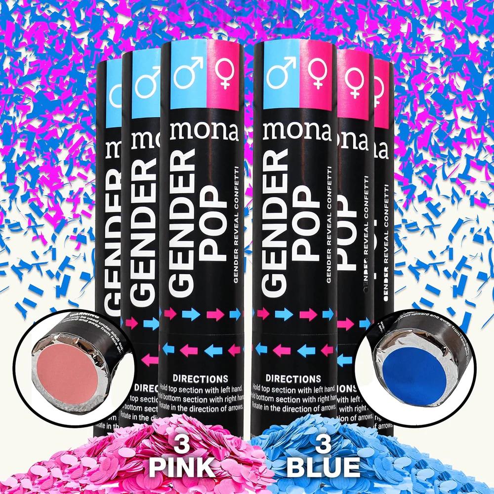 6 Pack - Mona Gender Reveal Confetti Cannon - Baby Gender Reveal Party Supplies Kit - 3 Blue & 3 Pink - Item #8489