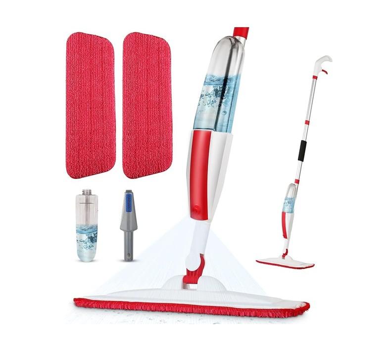 Floor Cleaning Wet Spray Mop with 14 oz Refillable Bottle and 2 Washable Microfiber Pads - Red - Item #8488