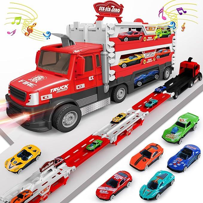 Carrier Truck Toy - 4.6-FT Foldable Hauler Track - 6 Metal Race Cars with Light & Sounds - Red - Item #8500 image