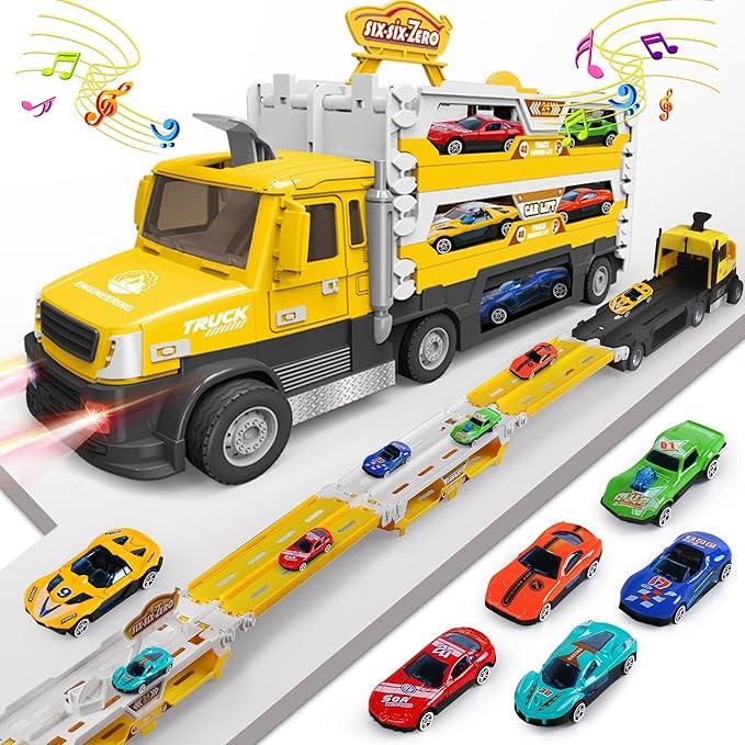 Carrier Truck Toy - 4.6-FT Foldable Hauler Track - 6 Metal Race Cars with Light & Sounds - Yellow - Item #8498