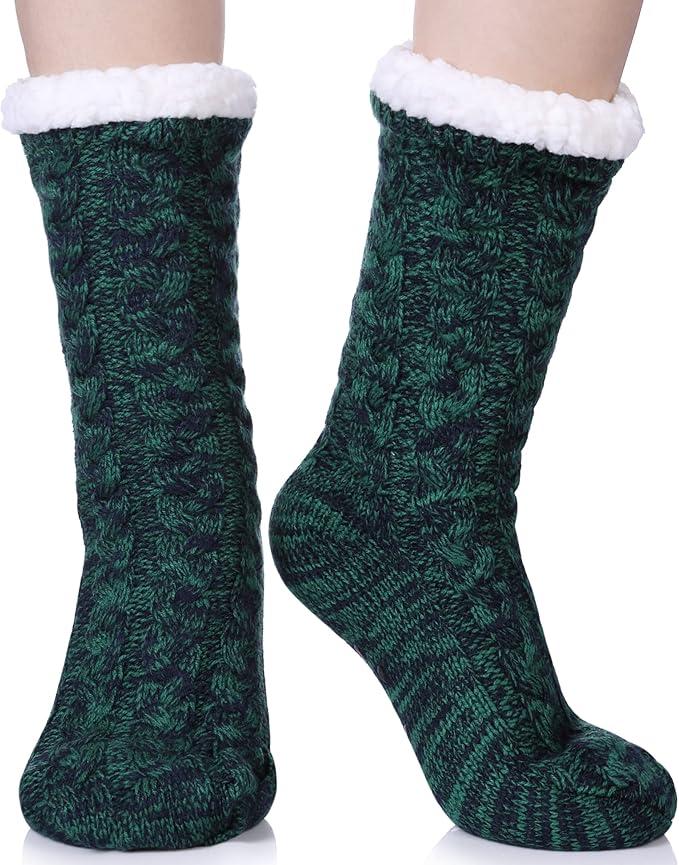 Dosoni Womens Slipper Fuzzy Socks - Non Slip - Green Navy - Item #8758 image