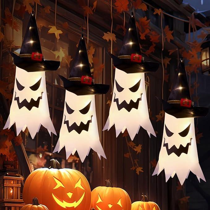 4 Pack - Outdoor Halloween Decor - Hanging Glowing Ghost Witch Hat - Item #8897 image