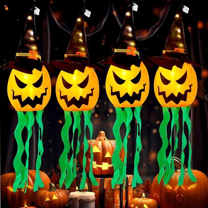 4 Pack - Outdoor Halloween Decor - Hanging Glowing Pumpkin Witch Hat - Item #8896 image