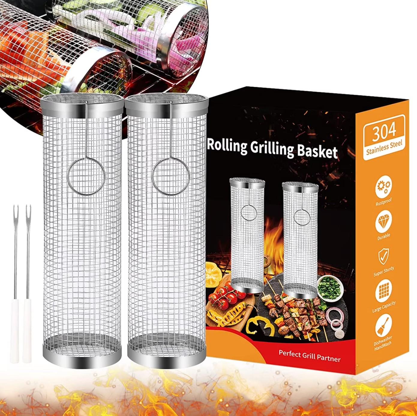 2 PCS Stainless Steel Mesh BBQ Grill Basket -  Rolling Grilling Basket - 11.8" x 3.54" - Item #8887-22B image