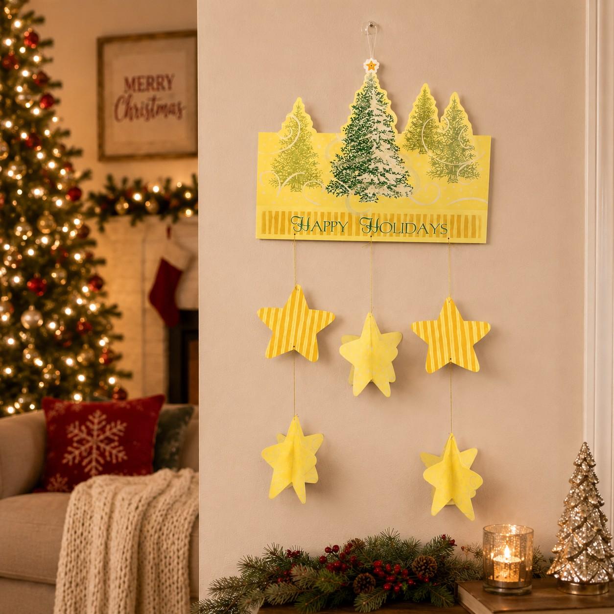 Paper Art "Happy Holidays" Hanging Decor - Stars & Tree Design - 18" x 36" - Item #8925 image