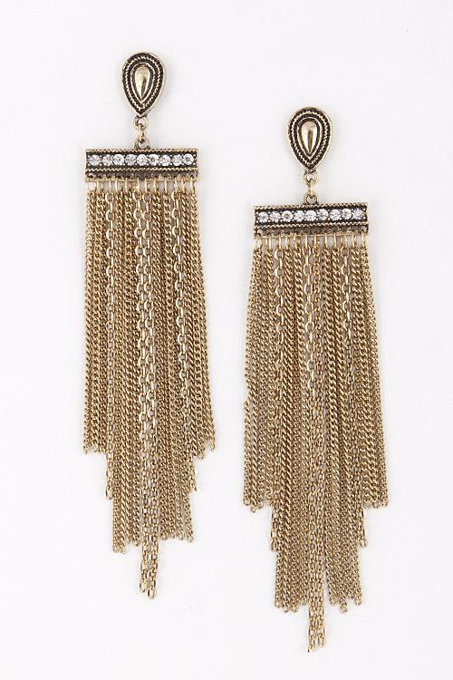 Oval Shaped Chained Drop Earrings with Rhinestone Detail 5ICG5 image