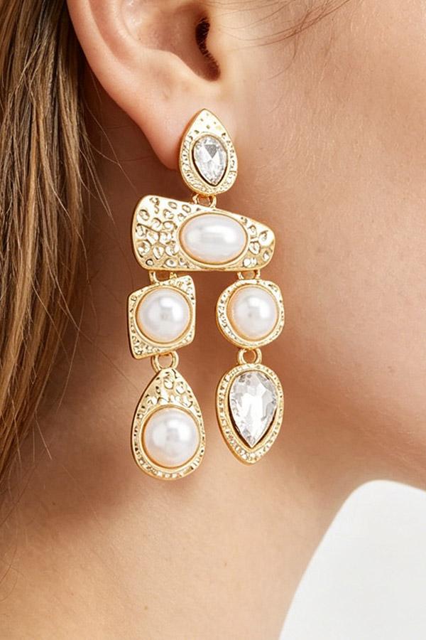 Multi-Shape Pearl Crystal Tiered Drop Earrings image