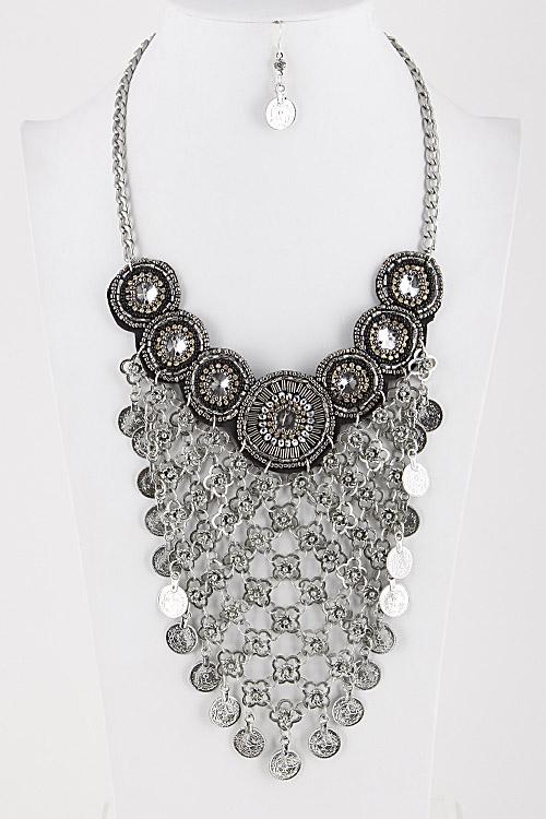 Flower and Coin Statement Necklace and Earring Set 5ICI8 image