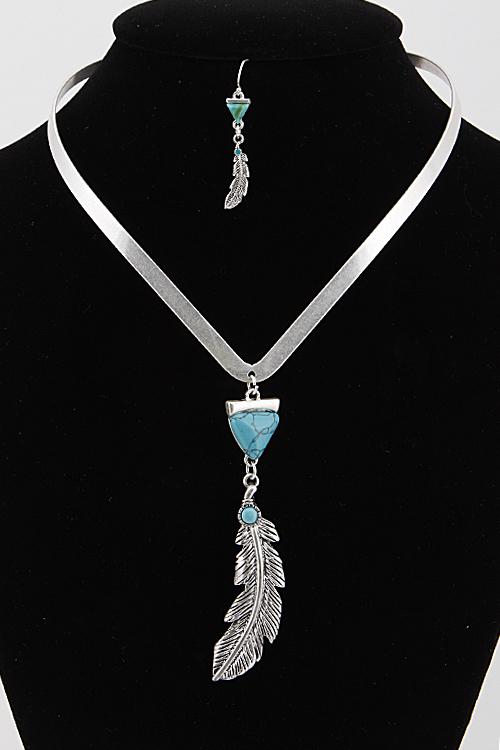 Aztec Feather Stone Choker Necklace Set 5LAF2 image